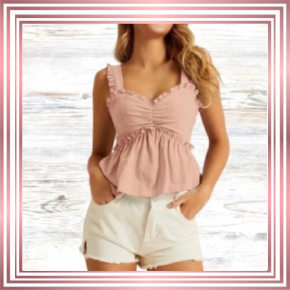 Pink Ruched Ruffle-Trim Sleeveless Crop Top